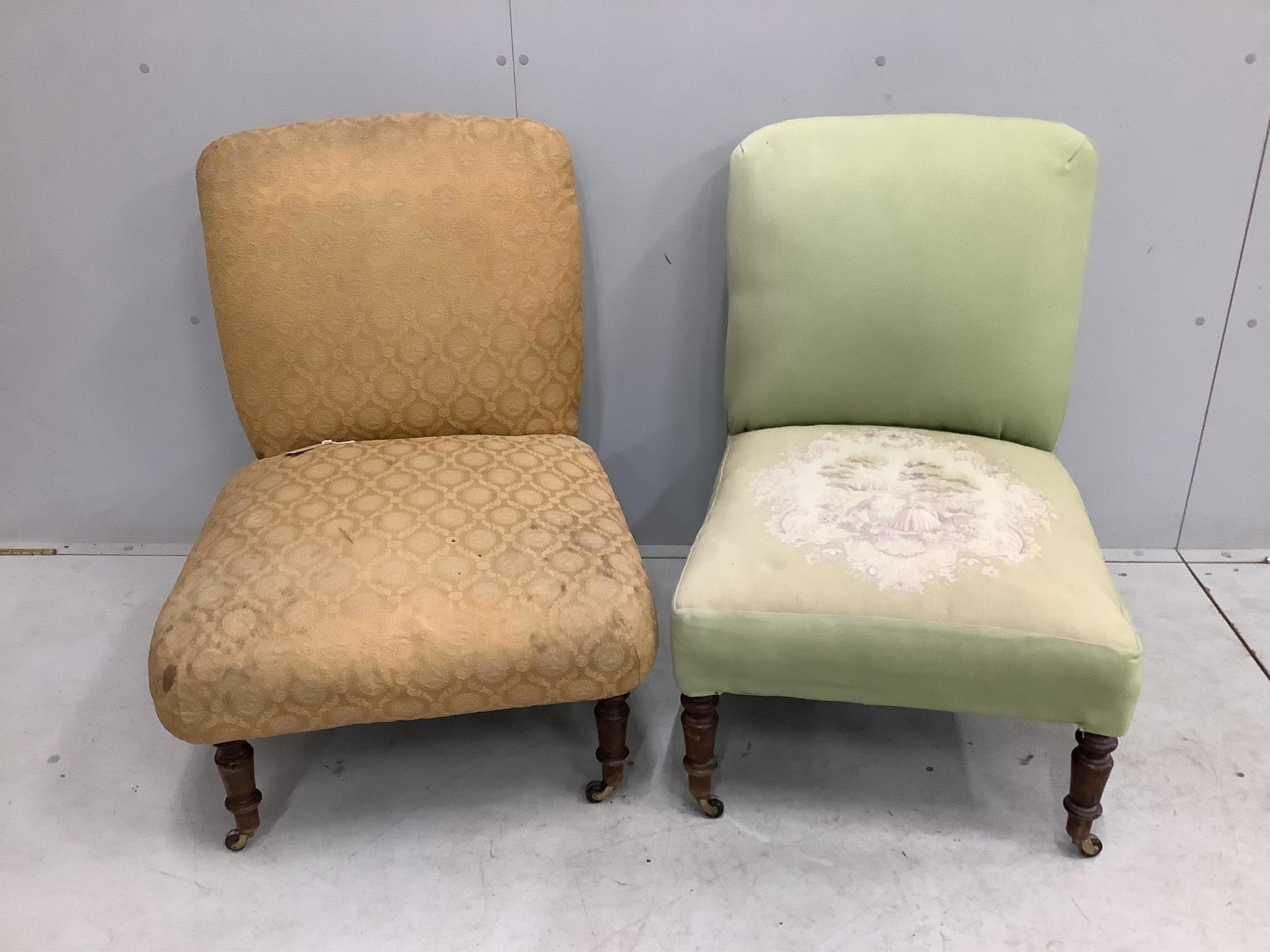 Two Victorian Howard style upholstered side chairs, larger width 64cm, depth 63cm, height 82cm. Condition - fair, upholstery poor on one